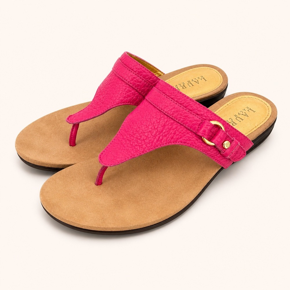 Lauren Ralph Lauren Womens 8B Sandals Kendra Pink Leather Buckle Thong Slides